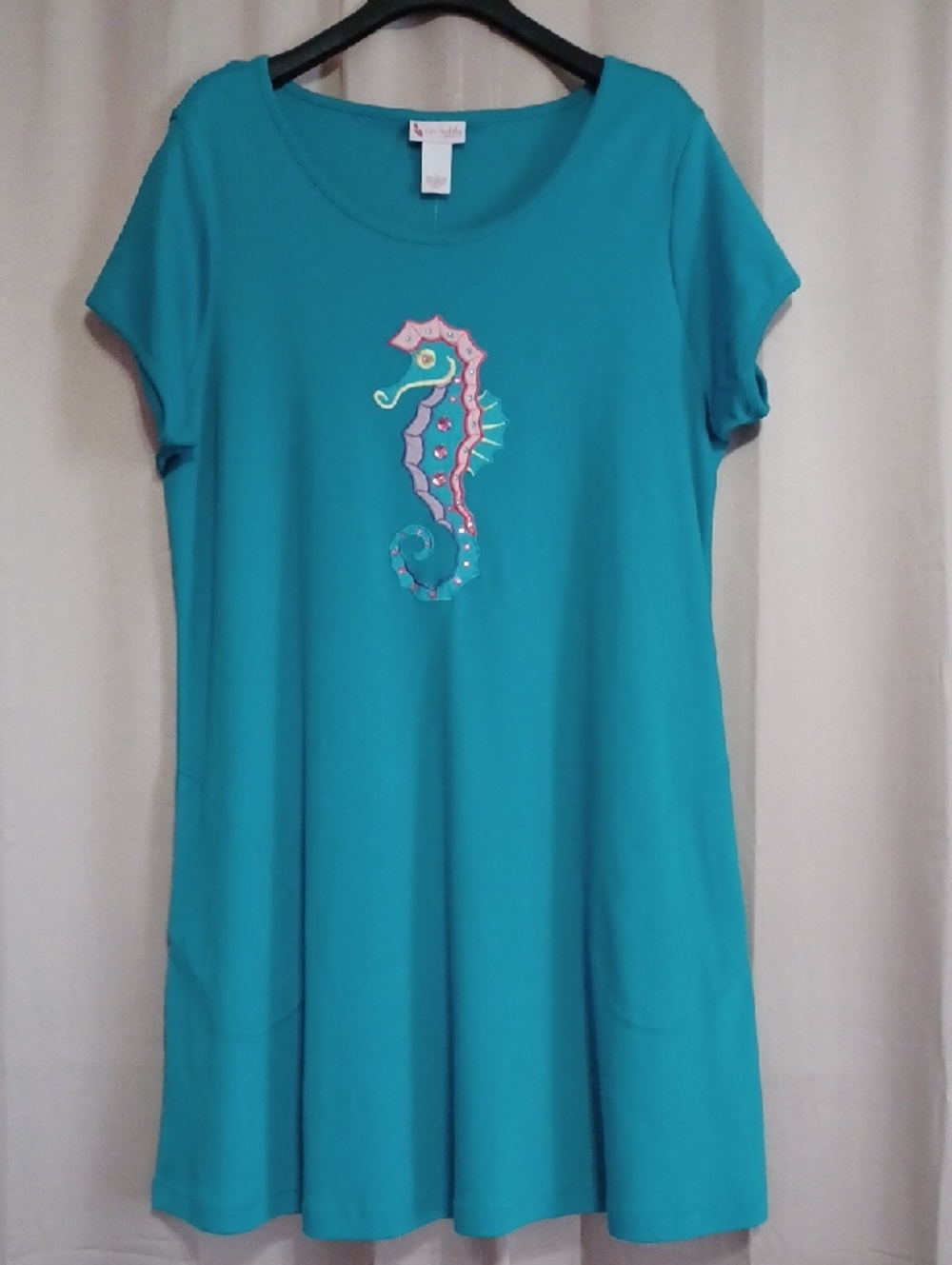 Go Softly Patio Turquoise Seahorse Tunic Midi Dress Embroidered Sequins Pockets
